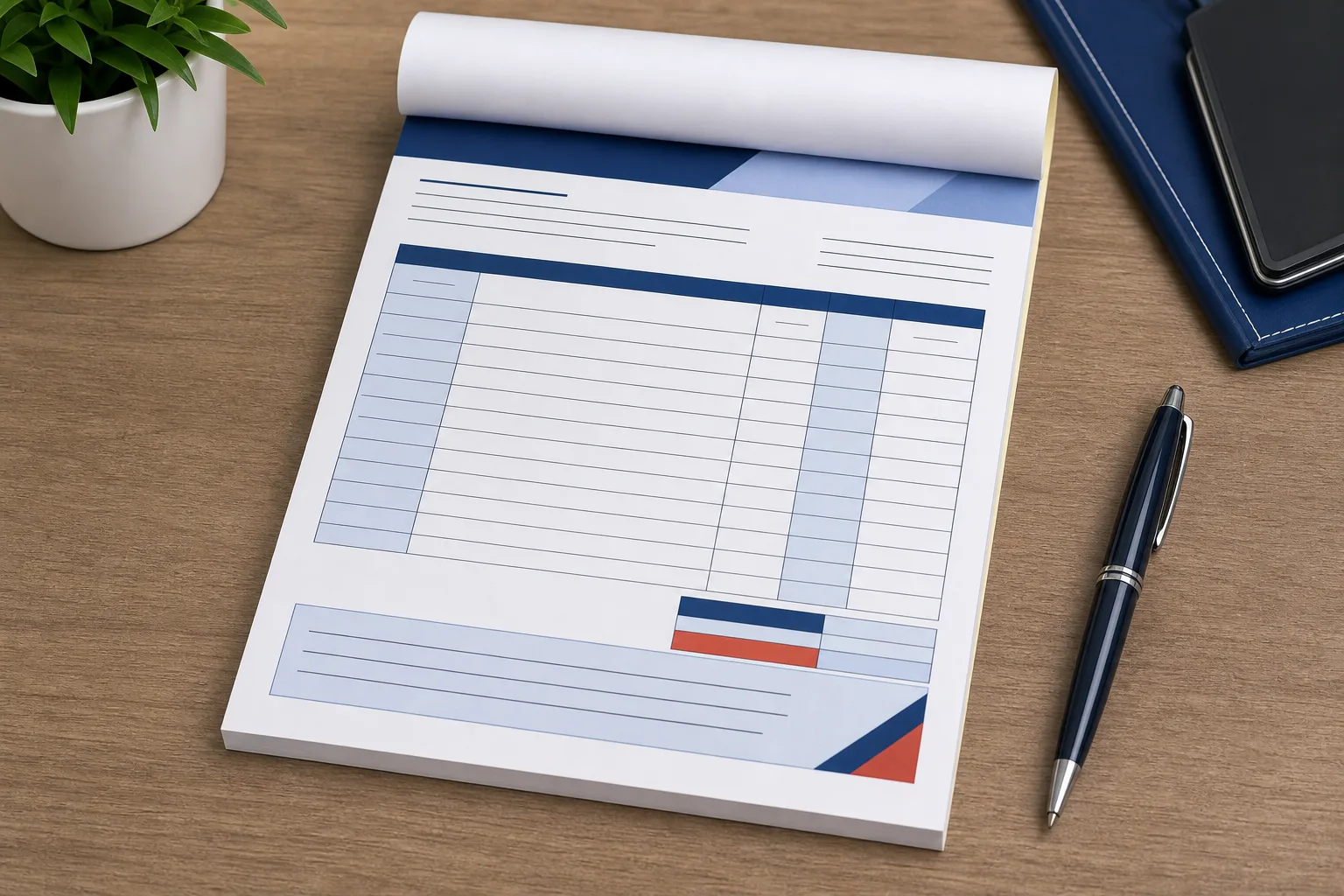 Printed invoice booklet on a desk.