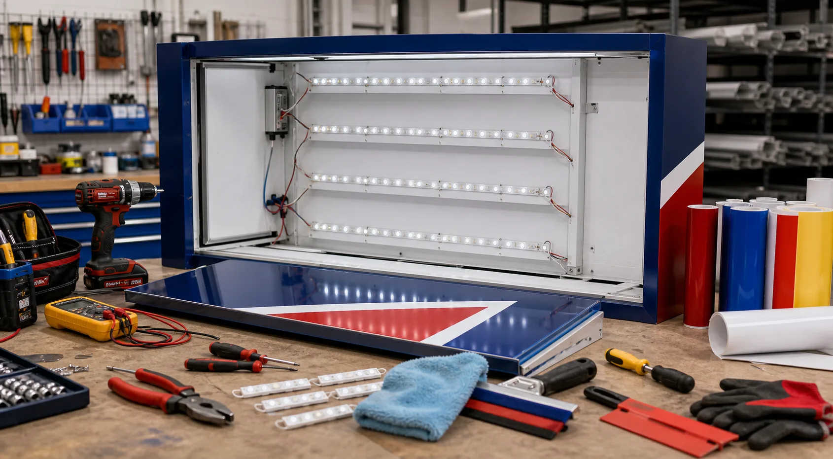 Sign maintenance tools and illuminated sign parts arranged on a shop workbench.