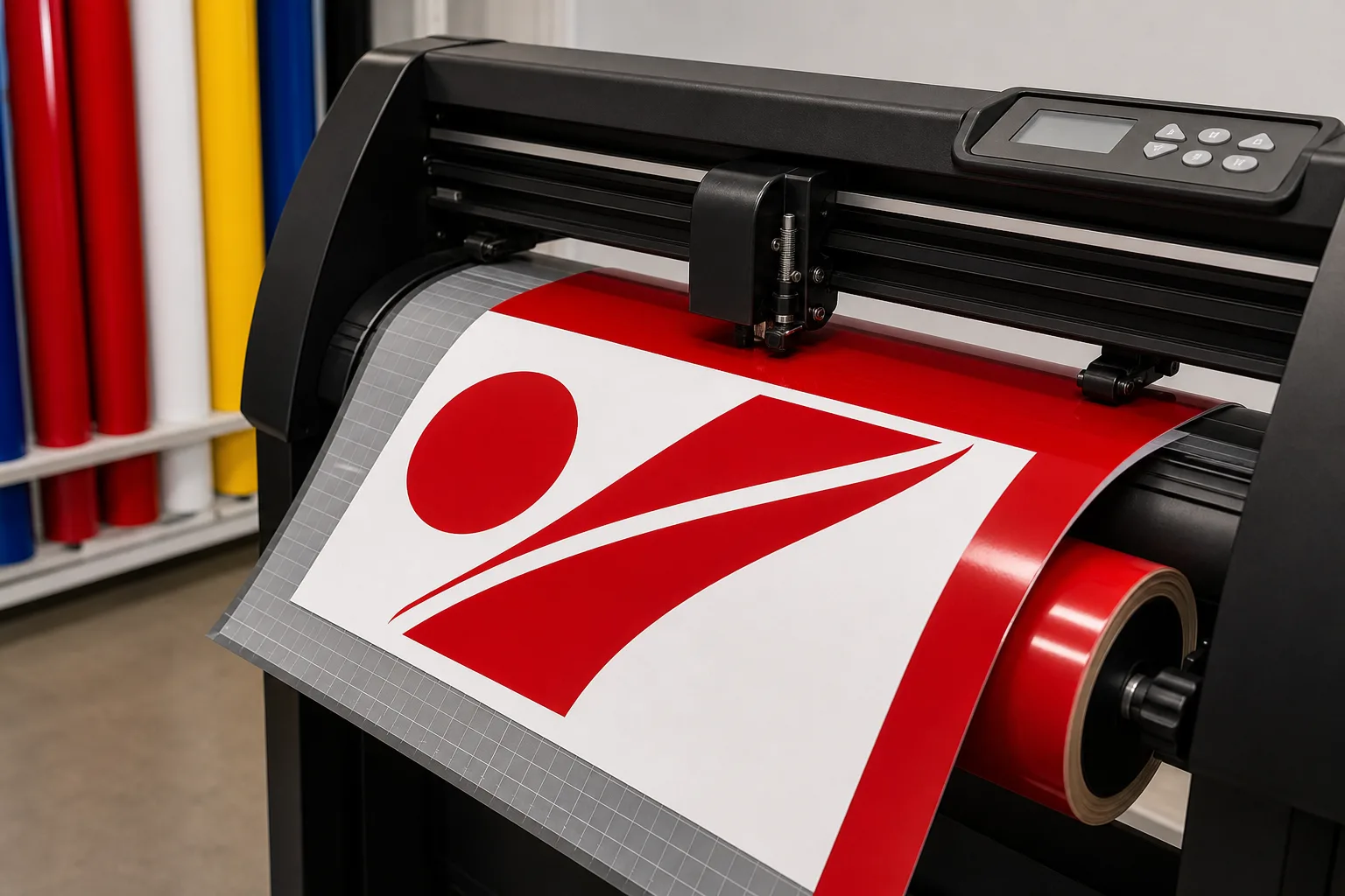 Replacement vinyl graphics being prepared on a sign shop table.