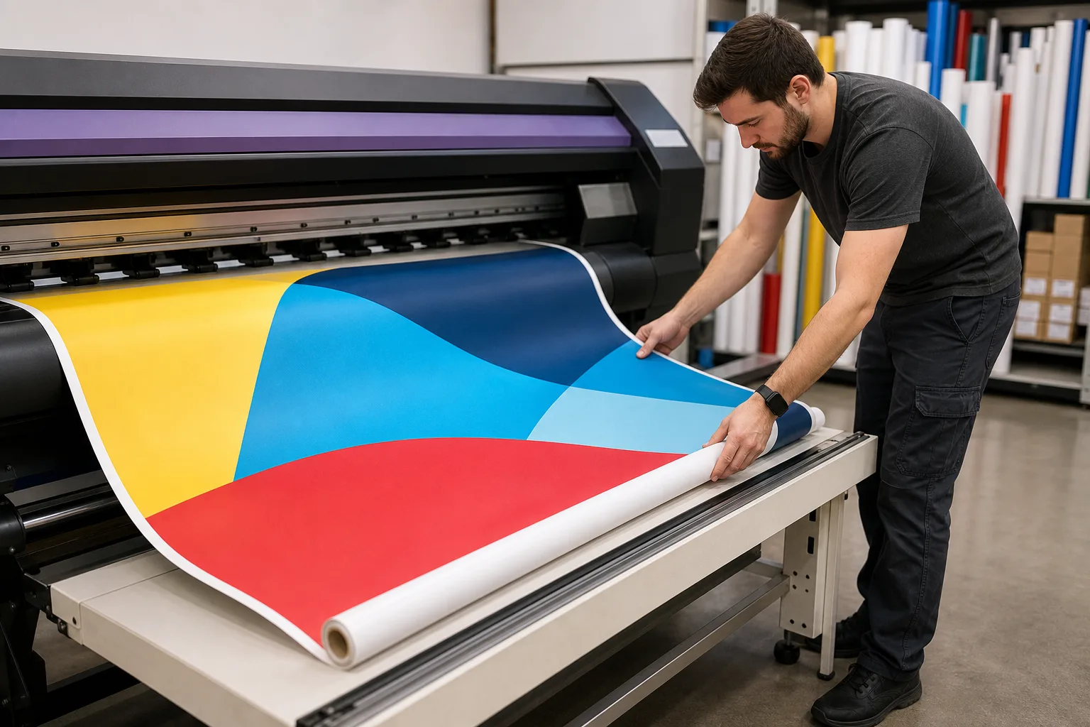 Fabric display sign stretched across an indoor promotional frame.