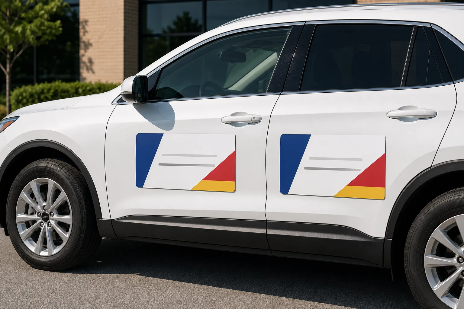 Magnetic business signs mounted on vehicle doors.