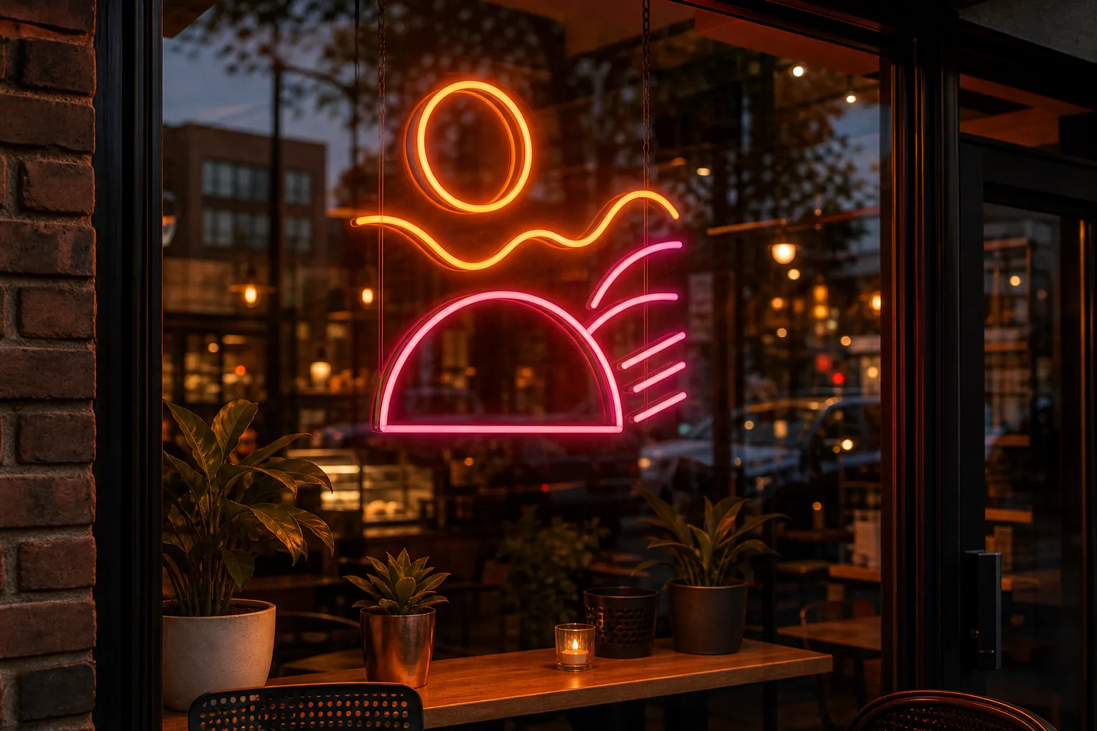 Bright neon sign glowing in a storefront window.