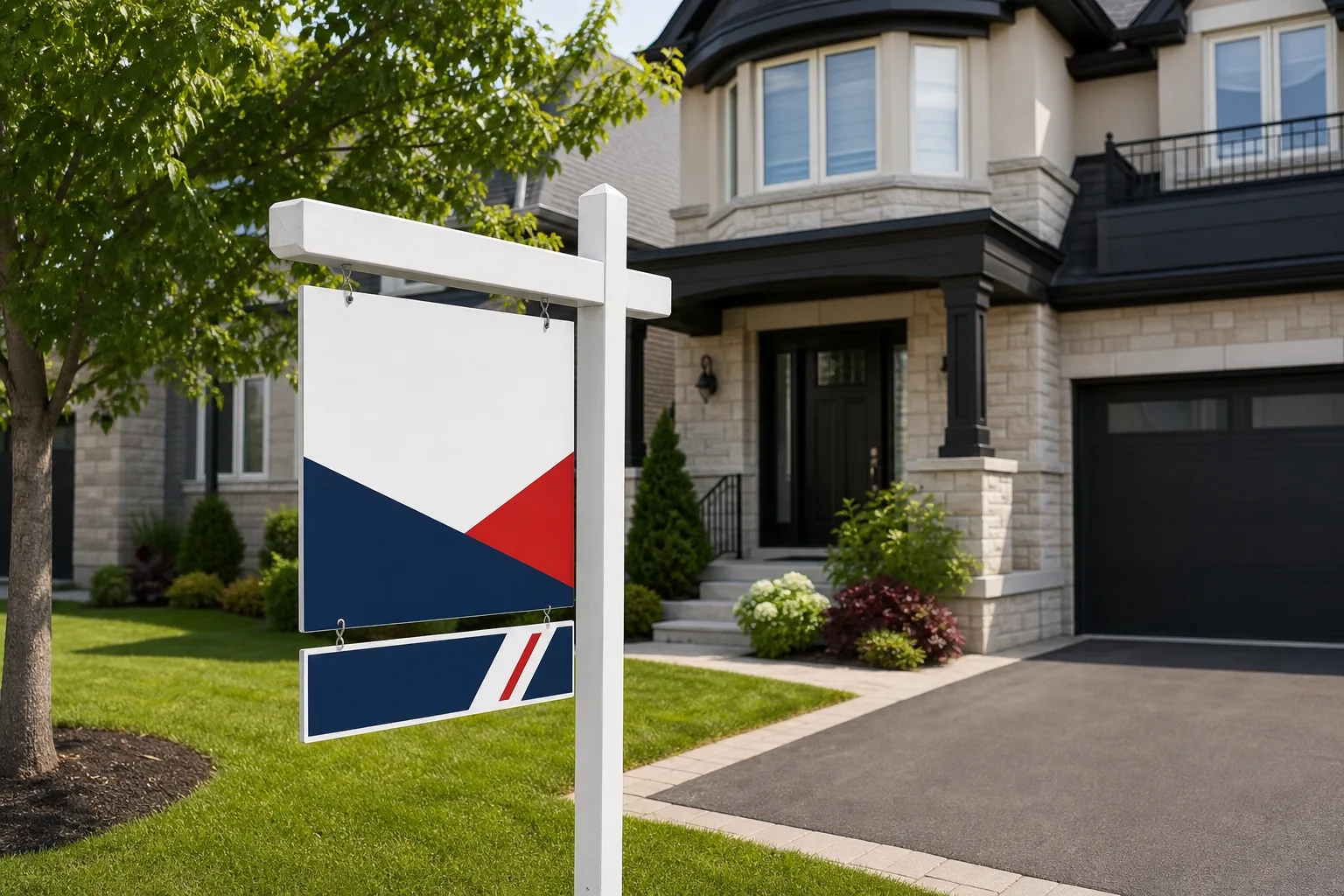 Installed real estate post sign in front of a home.