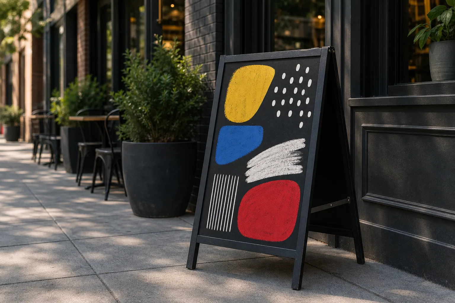 A-frame sandwich board sign on a sidewalk.