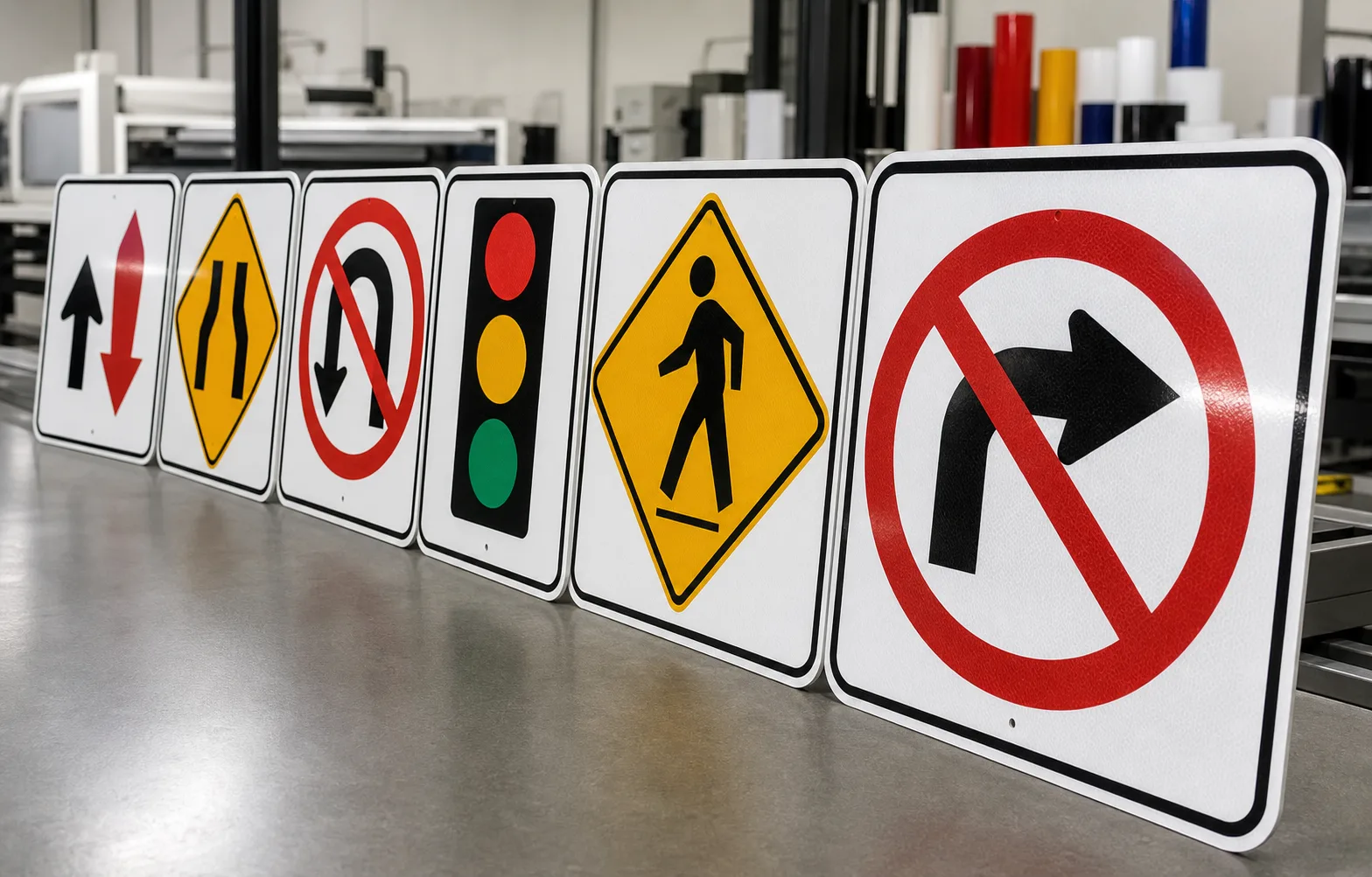 Custom traffic and street-style signs arranged in a sign shop.